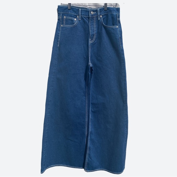 Zara Super Wide Leg Blue Jeans Medium Wash High Rise Ankle Length Denim - Picture 3 of 12